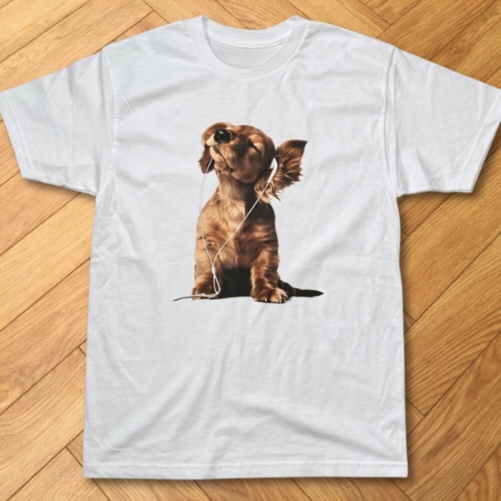 Cute Dog Listening To Music Graphic T Shirt White Puppy Lover Tee